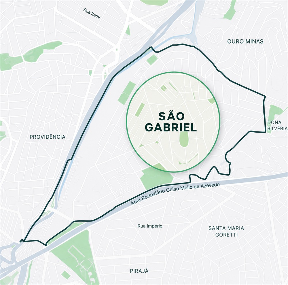 Mapa do bairro São Gabriel, em Belo Horizonte, com os bairros vizinhos Providência, Ouro Minas, Dona Silvéria, Santa Maria Goretti e Pirajá